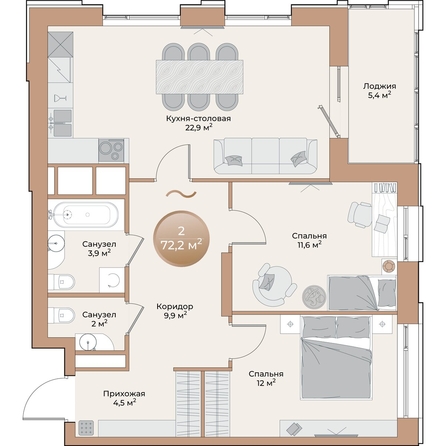 
  Продается 2-комн. квартира, 69.5 м², ЖК Небо над Енисеем
. Фото 1.