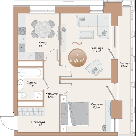 
  Продается 2-комн. квартира, 54.9 м², ЖК Небо над Енисеем
. Фото 2.