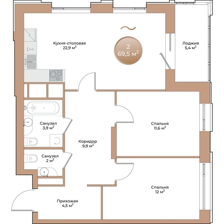 
  Продается 2-комн. квартира, 69.5 м², ЖК Небо над Енисеем
. Фото 1.