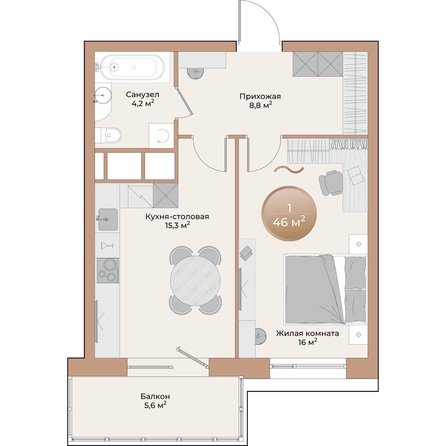 
  Продается 1-комн. квартира, 46 м², ЖК Небо над Енисеем
. Фото 2.