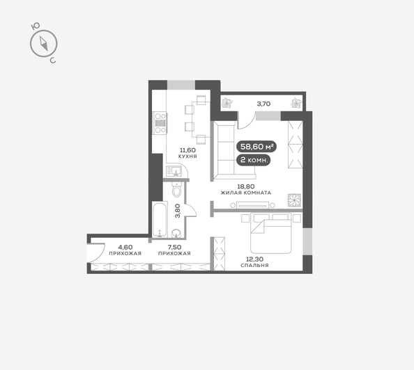 
  Продается 2-комн. квартира, 58.6 м², ЖК Белый квартал на Свободном, дом 3
. Фото 6.