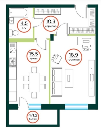 
  Продается 1-комн. квартира, 48.8 м², ЖК ЭКО, дом 1
. Фото 5.