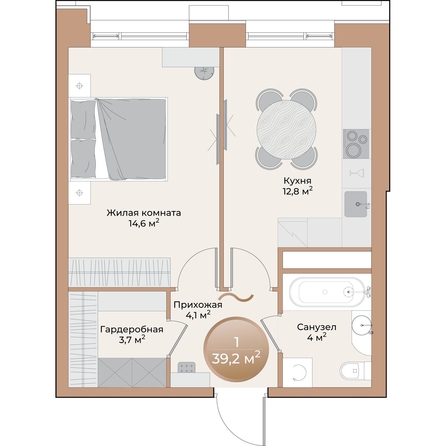 
  Продается 1-комн. квартира, 39.2 м², ЖК Небо над Енисеем
. Фото 3.