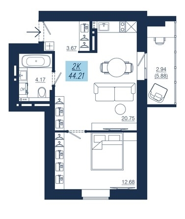 
  Продам 2-комн. квартиру 44.2 м². Фото 7.