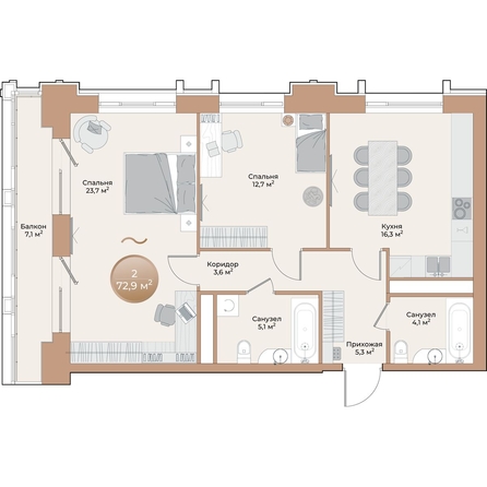 
  Продается 2-комн. квартира 72.9 м², в ЖК Небо над Енисеем. Фото 2.