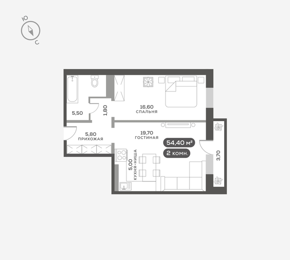 
  Продается 2-комн. квартира 54.6 м². Фото 6.