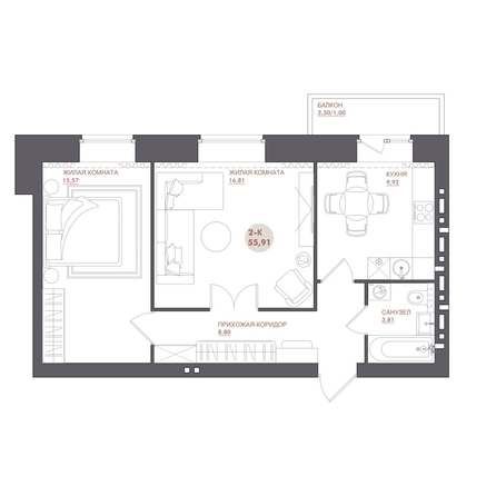 
  Продается 2-комн. квартира 55.91 м², в ЖК Звезда. Фото 1.