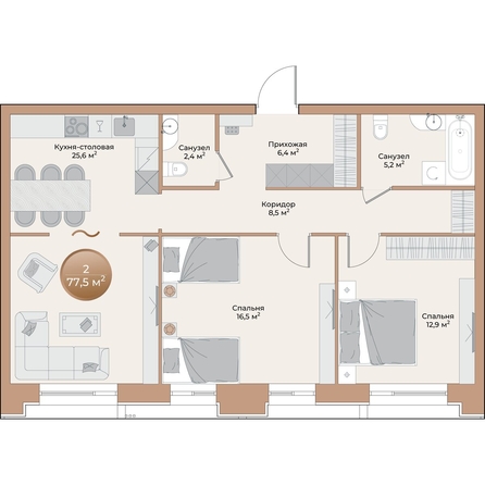 
  Продается 2-комн. квартира 77.5 м², в ЖК Небо над Енисеем. Фото 1.