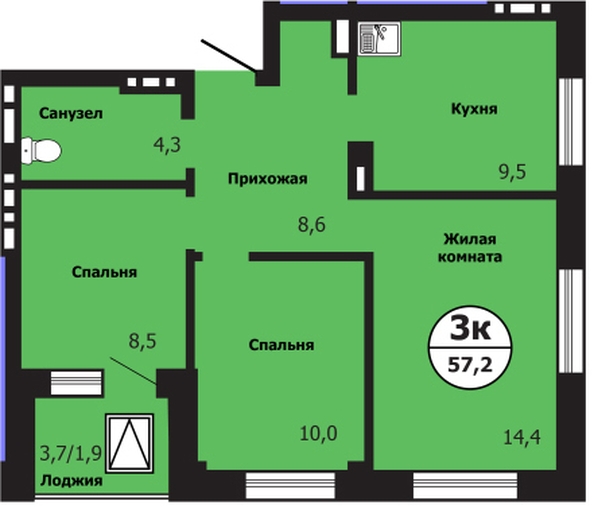 
  Продается 3-комн. квартира 57.2 м², в ЖК Тихие зори, дом Гранит корпус 1. Фото 2.