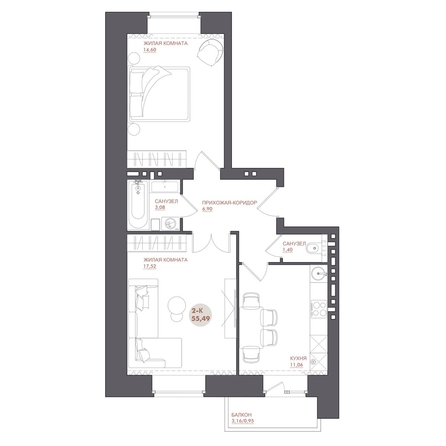 
  Продается 2-комн. квартира 55.49 м², в ЖК Звезда. Фото 1.