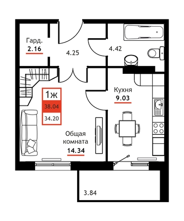 
  Продается 1-комн. квартира 38.04 м². Фото 1.