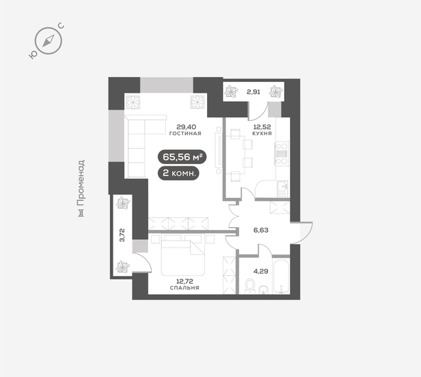 
  Продается 2-комн. квартира 66.3 м², в ЖК ОКТА, дом 2. Фото 6.