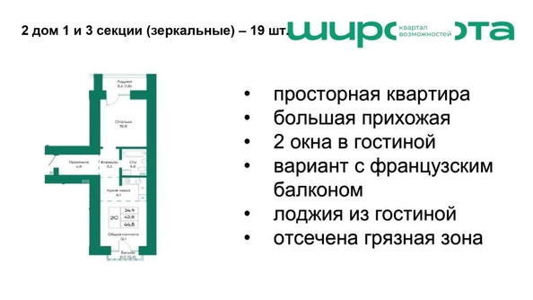 
   Продам 2-комнатную, 44.6 м², Широта, корпус 2

. Фото 1.