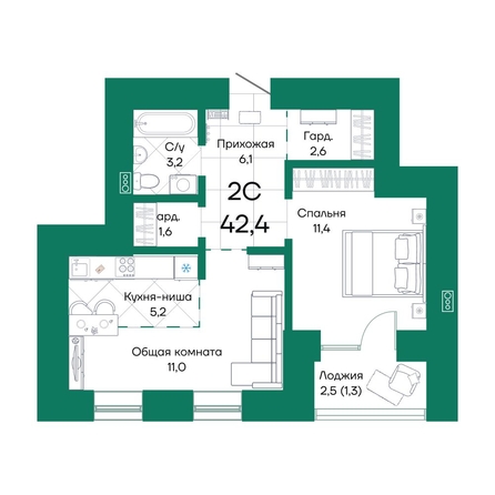 
  Продается 2-комн. квартира, 42.4 м², ЖК Широта, корпус 2
. Фото 1.
