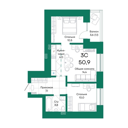 
  Продается 3-комн. квартира, 50.9 м², ЖК Широта, корпус 2
. Фото 1.