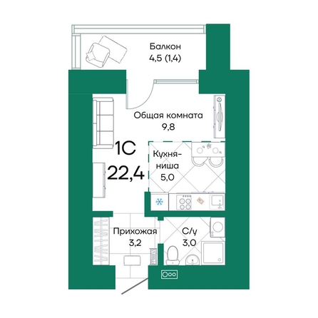 
  Продается студия, 22.4 м², ЖК Широта, корпус 2
. Фото 1.