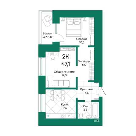 
  Продается 2-комн. квартира, 47.1 м², ЖК Широта, корпус 2
. Фото 1.