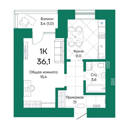
  Продается 1-комн. квартира, 36.1 м², ЖК Широта, корпус 2
. Фото 1.