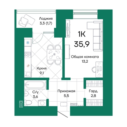 
  Продается 1-комн. квартира, 35.9 м², ЖК Широта, корпус 2
. Фото 1.