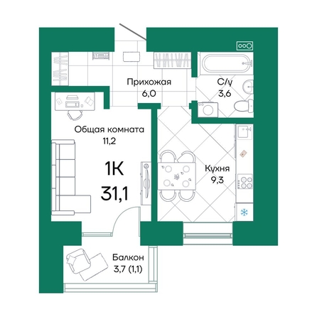 
  Продается 1-комн. квартира, 31.1 м², ЖК Широта, корпус 2
. Фото 1.