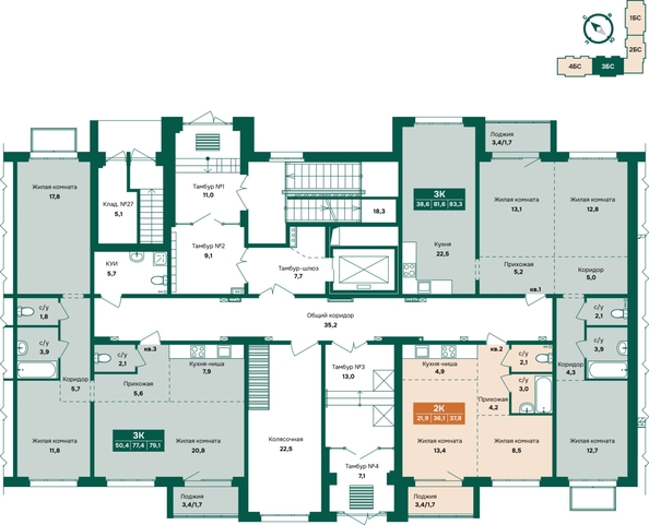 
  Продается 3-комн. квартира 79.1 м², в ЖК Камчатка, корпус 4. Фото 1.