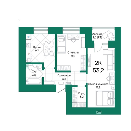 
  Продается 2-комн. квартира 53.2 м², в ЖК Широта, корпус 2. Фото 1.