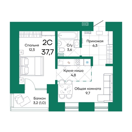 
  Продается 2-комн. квартира 37.7 м², в ЖК Широта, корпус 2. Фото 1.