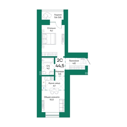 
  Продается 2-комн. квартира 44.5 м², в ЖК Широта, корпус 2. Фото 1.