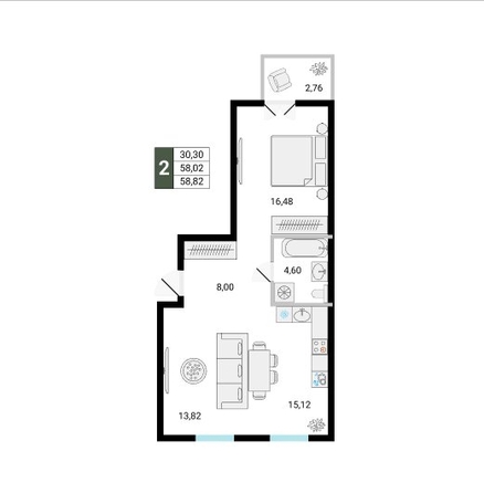 
  Продается 2-комн. квартира 58.2 м², в ЖК Ёлки, дом 2. Фото 1.