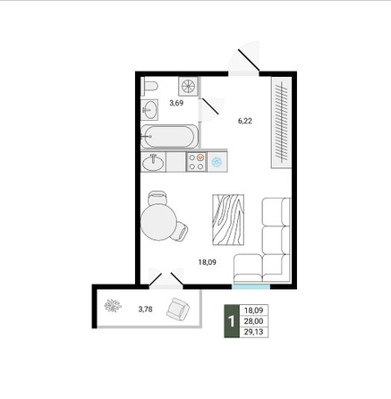
  Продается 1-комн. квартира 29.13 м², в ЖК Ёлки, дом 3. Фото 1.