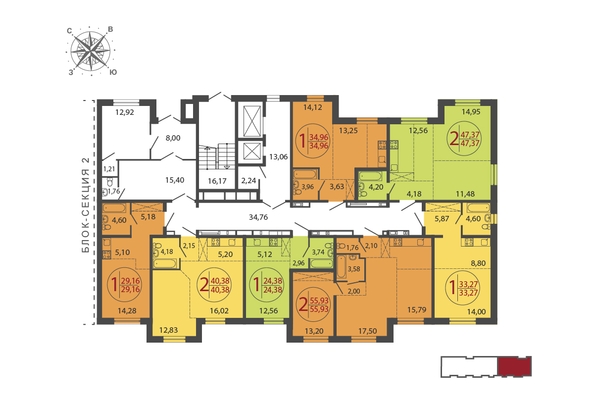 
   Продам 2-комнатную, 55.93 м², ЛЕРМОНТОВ ПАРК, дом 1

. Фото 3.