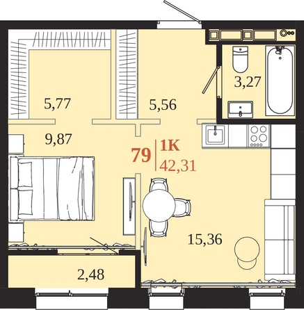 
  Продается 1-комн. квартира 42.31 м², в ЖК 1661. Фото 1.