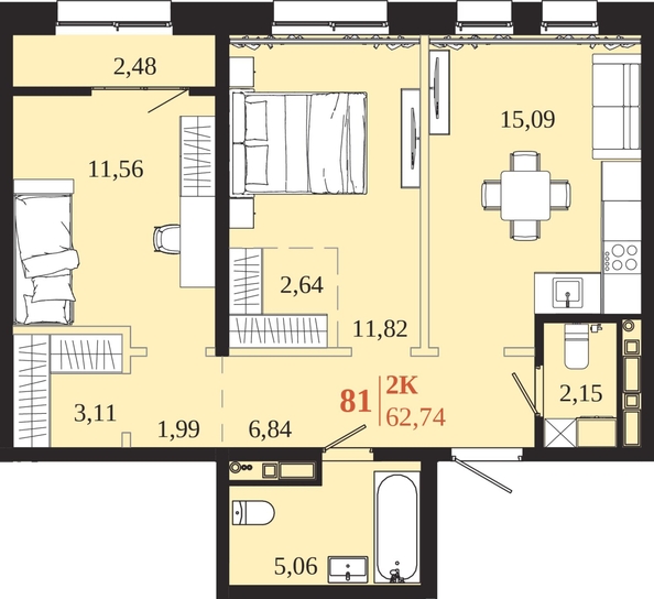 
  Продается 2-комн. квартира 62.74 м², в ЖК 1661. Фото 1.