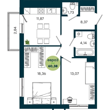
  Продается 2-комн. квартира 60.38 м², в  ЖиВой комплекс на Кузьмихе. Фото 2.