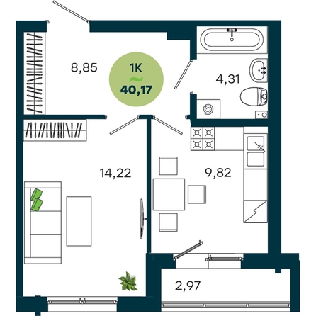 
  Продается 1-комн. квартира 40.17 м², в  ЖиВой комплекс на Кузьмихе. Фото 2.