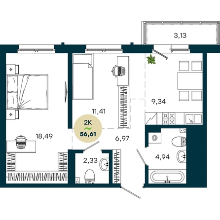 
  Продается 2-комн. квартира 56.61 м², в  ЖиВой комплекс на Кузьмихе. Фото 2.