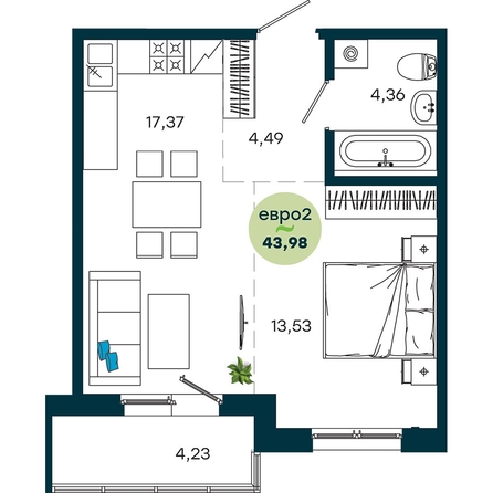 
  Продается 1-комн. квартира 43.98 м², в  ЖиВой комплекс на Кузьмихе. Фото 2.