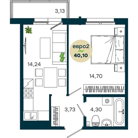 
  Продается 1-комн. квартира 40.1 м², в  ЖиВой комплекс на Кузьмихе. Фото 2.