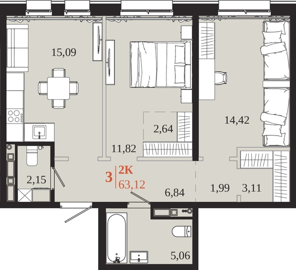 
  Продается 2-комн. квартира 63.12 м², в ЖК 1661. Фото 1.