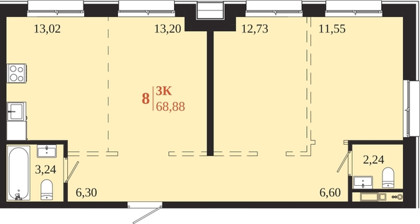 
  Продается 3-комн. квартира 68.88 м², в ЖК 1661. Фото 1.