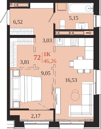 
  Продается 1-комн. квартира 46.26 м², в ЖК 1661. Фото 1.