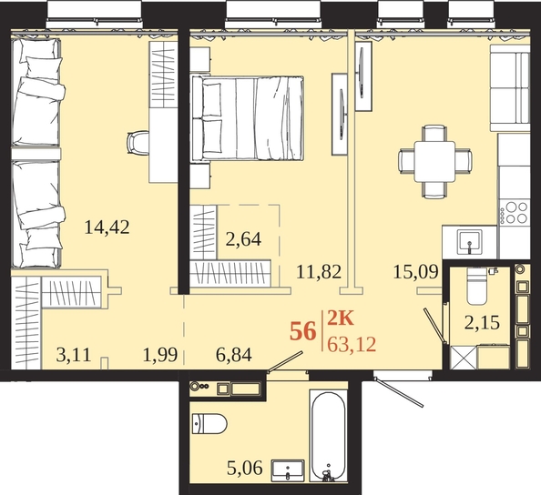 
  Продается 2-комн. квартира 63.12 м², в ЖК 1661. Фото 1.
