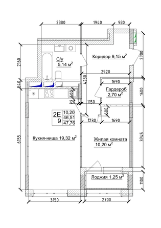 
   Продам 2-комнатную, 48.82 м², 7 высот, дом 6а

. Фото 4.