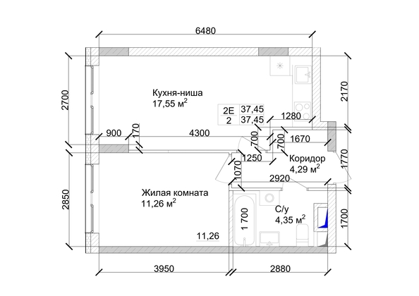 
   Продам 2-комнатную, 38.48 м², 7 высот, дом 9

. Фото 4.