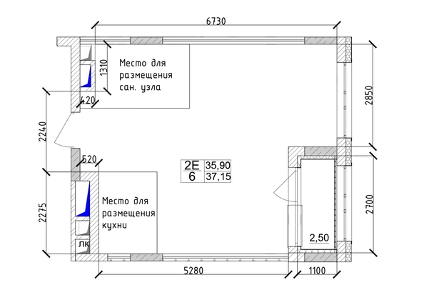 
   Продам 2-комнатную, 37.15 м², 7 высот, дом 6а

. Фото 3.