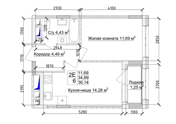 
   Продам 2-комнатную, 37.15 м², 7 высот, дом 6а

. Фото 4.