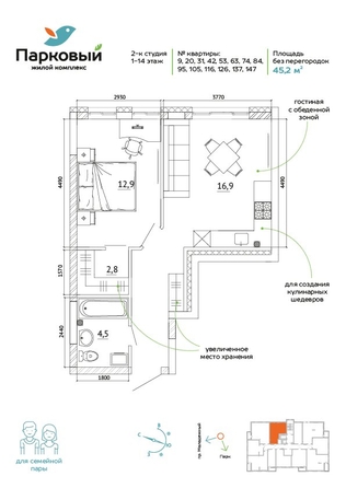 
  Продается 2-комн. квартира, 45.2 м², ЖК Парковый, дом 3 этап 1
. Фото 13.