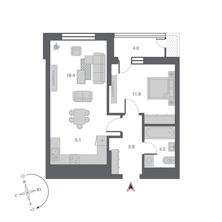 
  Продается 2-комн. квартира, 46.4 м², ЖК Беринг, дом 2
. Фото 1.
