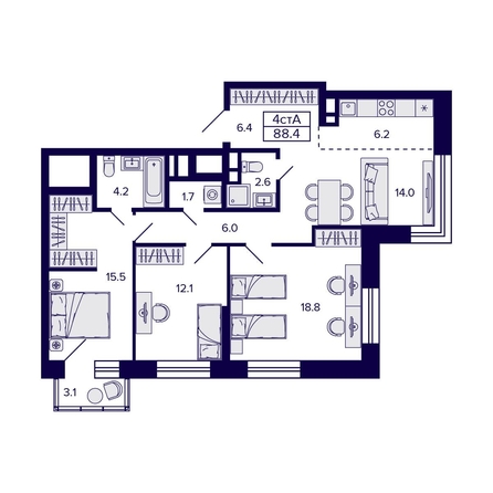 
  Продается 4-комн. квартира, 88.4 м², ЖК Citatum (Цитатум)
. Фото 1.