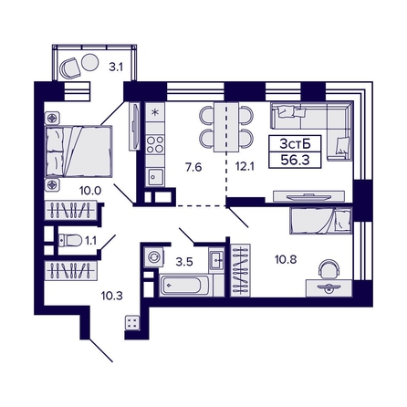 
  Продается 3-комн. квартира, 56.3 м², ЖК Citatum (Цитатум)
. Фото 2.